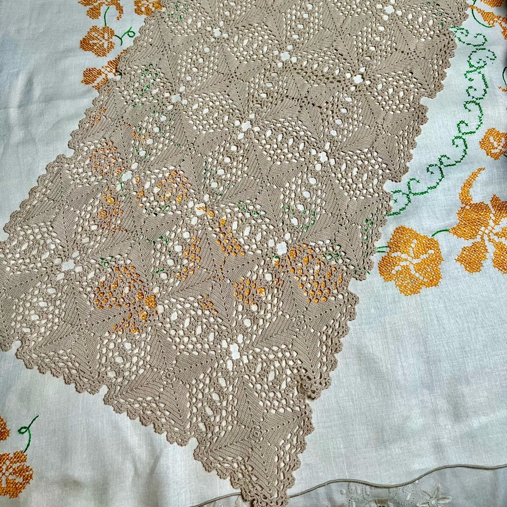 Vintage Long Geometric Rustic Mid Century Crocheted Tea Stain Runner